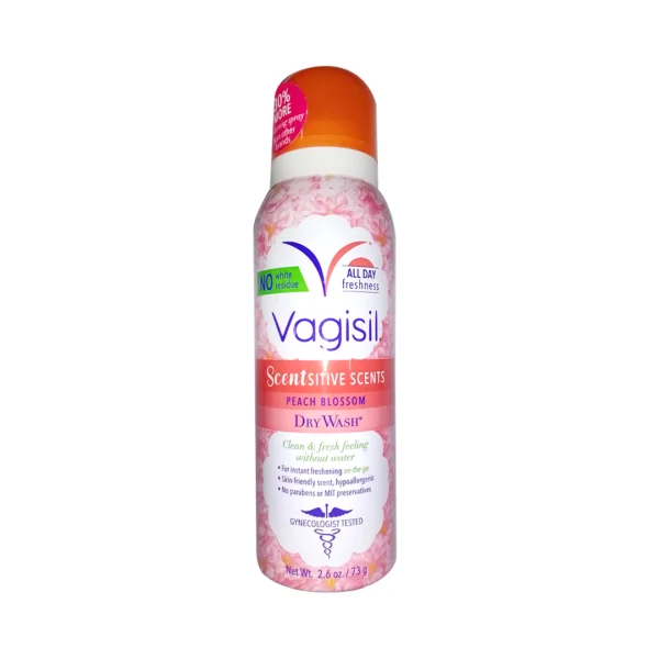 Vagisil Sensitive Scents Peach Blossom Dry Wash Clean & Fresh Feeling Without Water 2.6 OZ (73g)