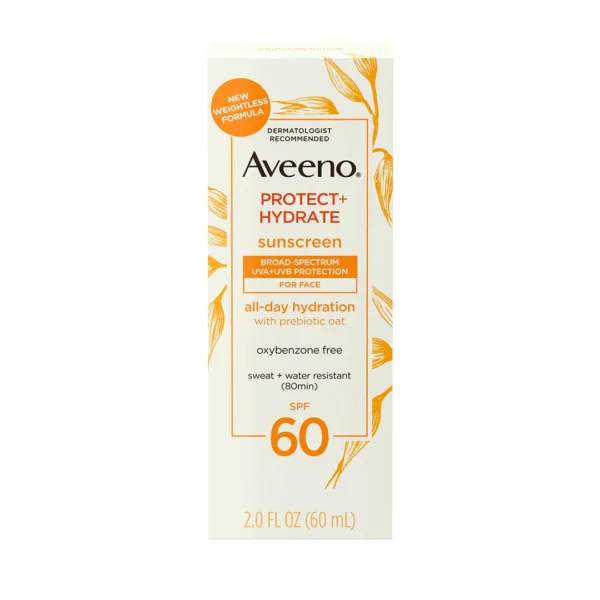 Aveeno Protect + Hydrate Sunscreen Broad Spectrum UVA + UVB Protection For Face all day Hydration with prebiotic oat SPF 60 2.0 Fl Oz 60 ml