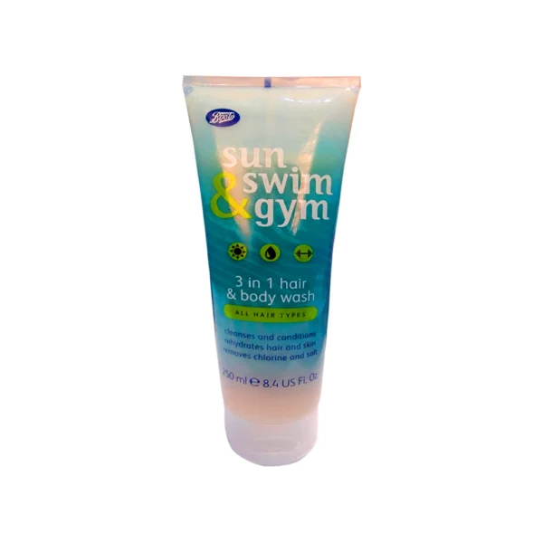 Boots Sun Swim & Gym 3 in 1 hair & body wash all hair types 250 ml 8.4 us fl oz