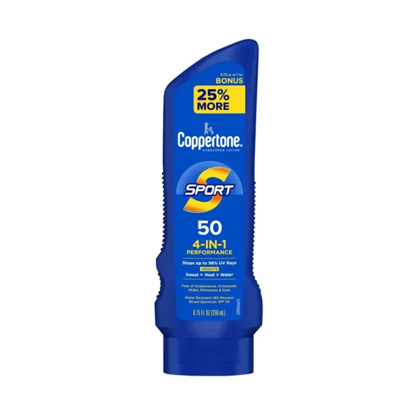 Coppertone Sport SPF 50 4-IN-1 Performance Stops Up to 98% UV Rays + Resists Sweat + Heat + Water 8.75 Fl Oz