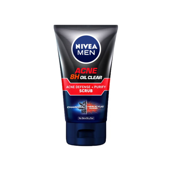 Nivea Men Acne 8H Oil Clear Acne Defense + Purify Scrub Charcoal + Salicylic Power No Skin Dry Out 100ml