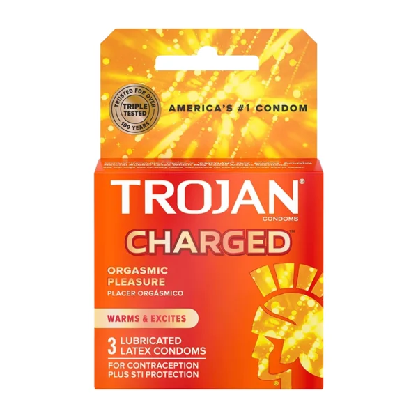 Trojan Charged Orgasmic Pleasure, Warms And Excites, For Contraception Plus STI Protection Condoms, 3 Lubricated Latex Condoms