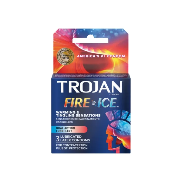 Trojan Fire & Ice Condoms Warming And Tingling Sensations Dual Action Lubricant, 3 Latex Condoms