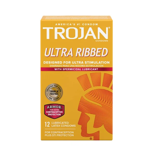 Trojan Ulta Ribbed Designed For Ultra Simulation 12 Latex Condoms With Spermicidal Lubricant