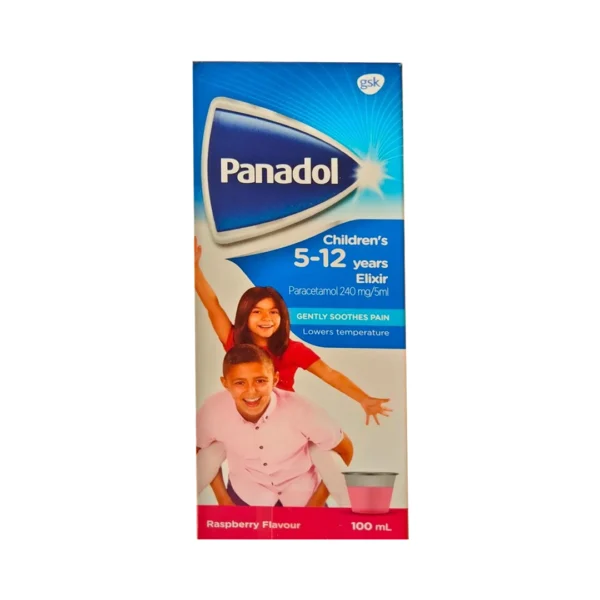 Panadol Children’s 5-12 Years Elixir Paracetamol 240 Mg, Gentle Soothes Pain, Raspberry Flavour, 100 Ml